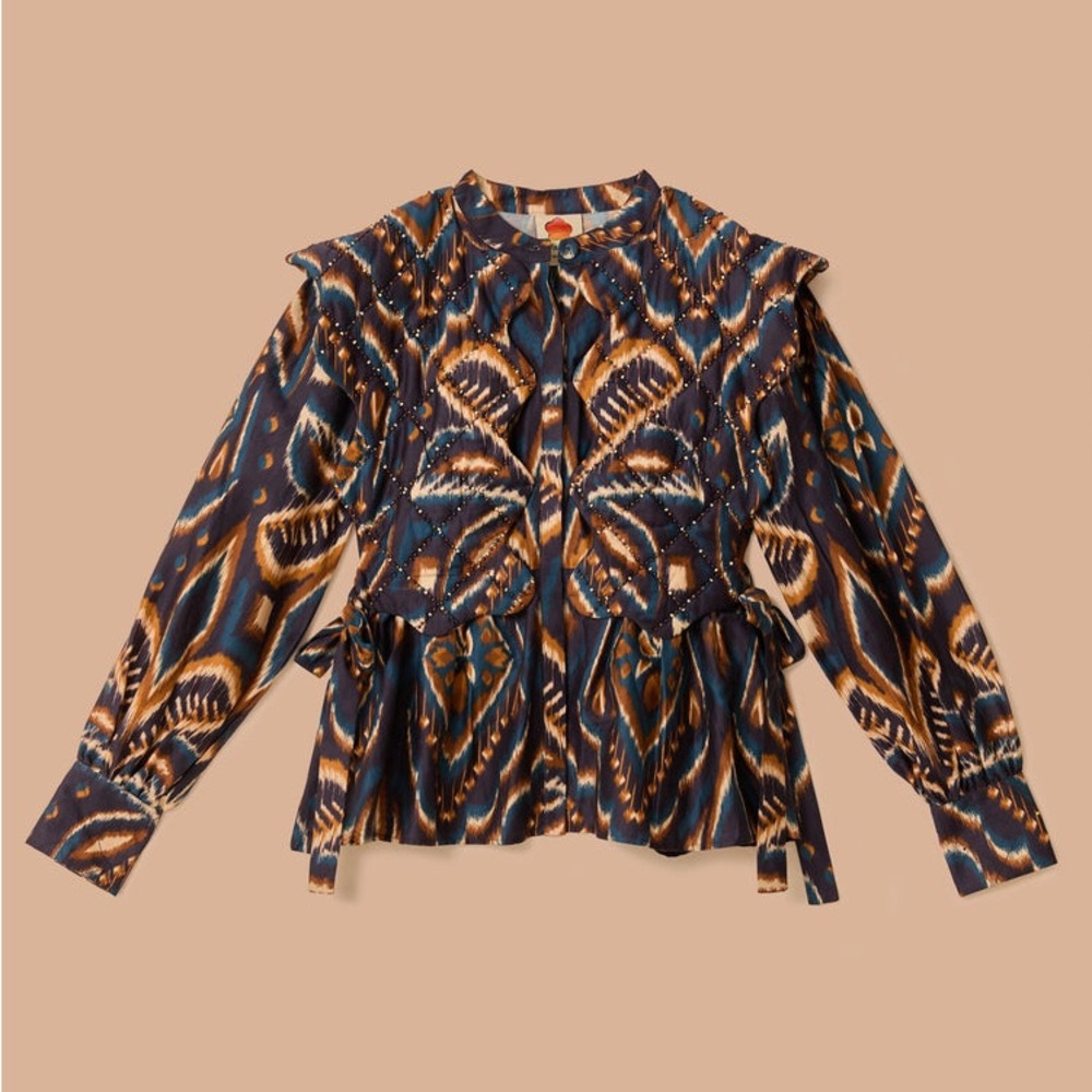 Farm Rio Blue Pineapple Ikat Long Sleeve Matelasse Blouse